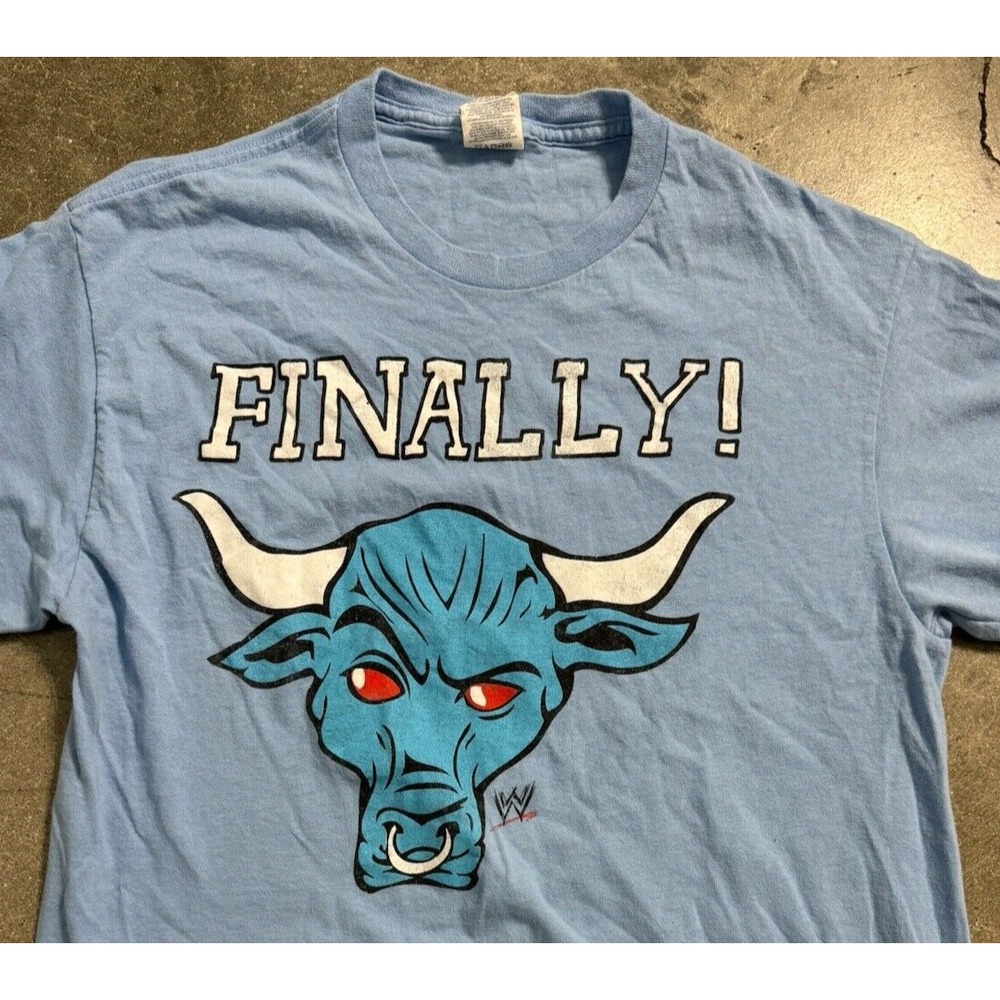 WWE The Rock FINALLY! Y2K Vintage Returns Wrestle Promo Tee Shirt Blue Bull Logo